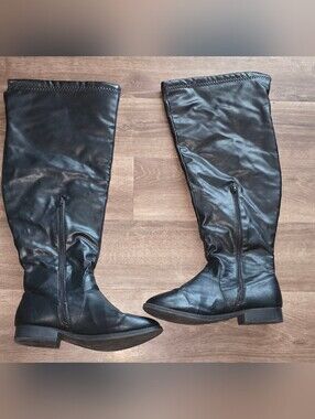 Black Faux Leather Knee High Boots Size 11W Wide Calf Flat Riding Boots
